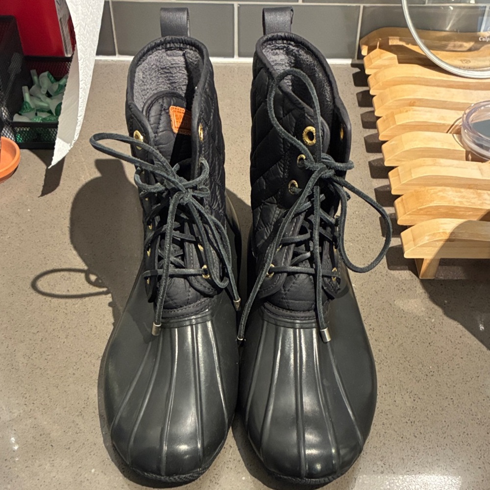 Sperry Black Quilted Boots with Gold Accents